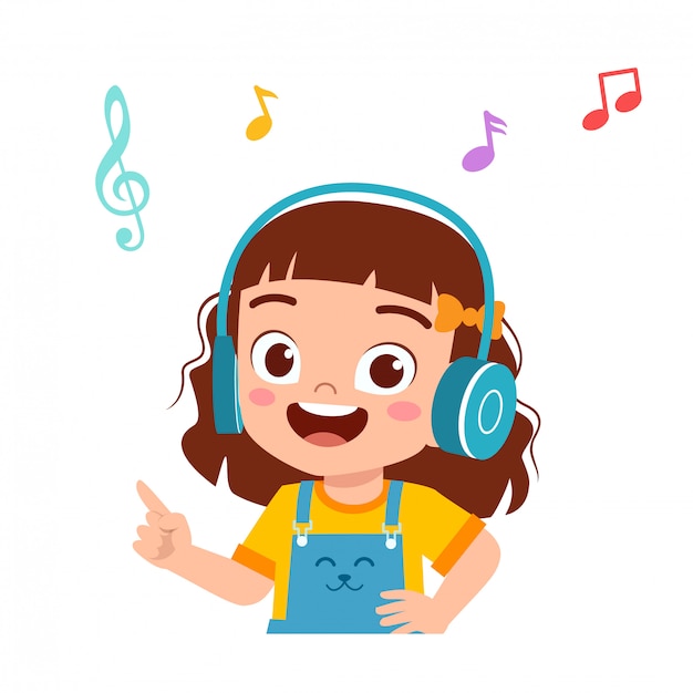 Fille enfant mignon heureux couter de la bonne musique vecteur premium