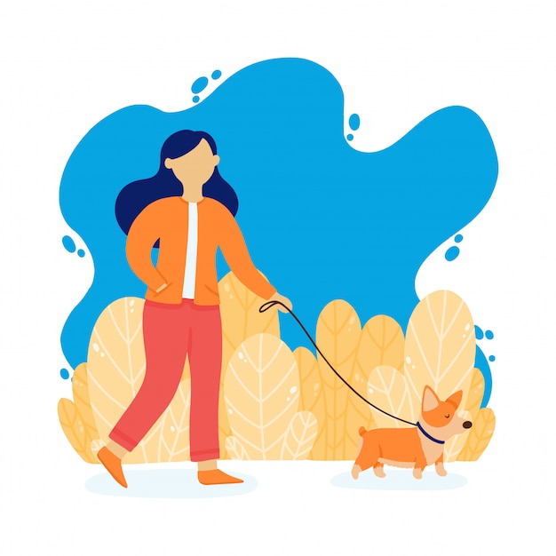 La Fille Marche Avec Un Chien. Dame Avec Chien Corgi Dans Le Parc ...