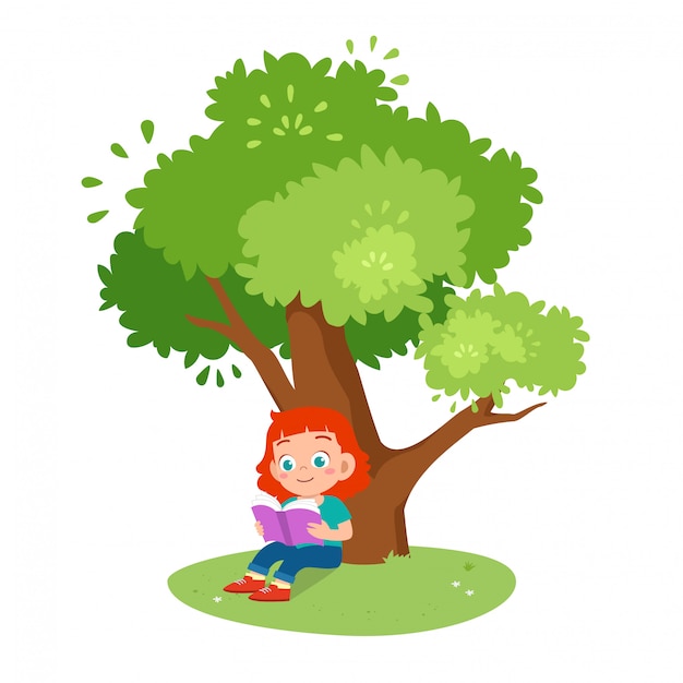 Fille Mignonne Enfant Heureux Lire Sous L'arbre | Vecteur Premium