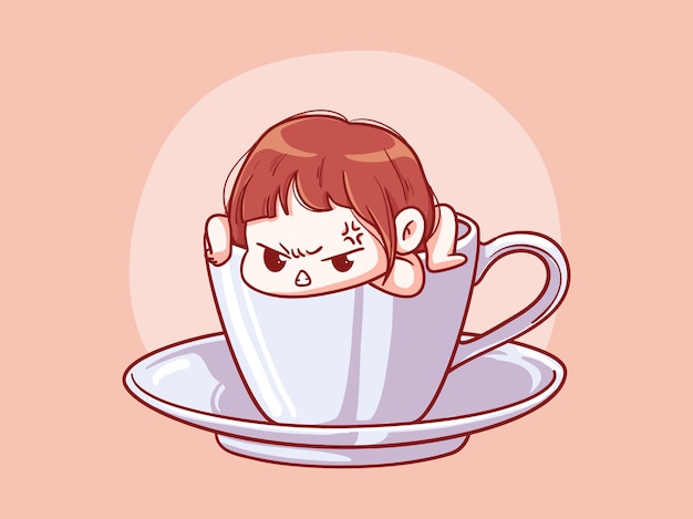 Fille Mignonne Et Kawaii En Colere Sortir D Une Tasse De Cafe Manga Chibi Illustration Vecteur Premium