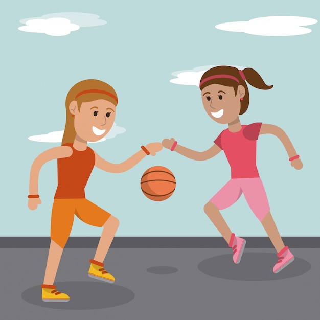 Filles De Dessin Animé Jouant L image De Sport De Basket ball Vecteur