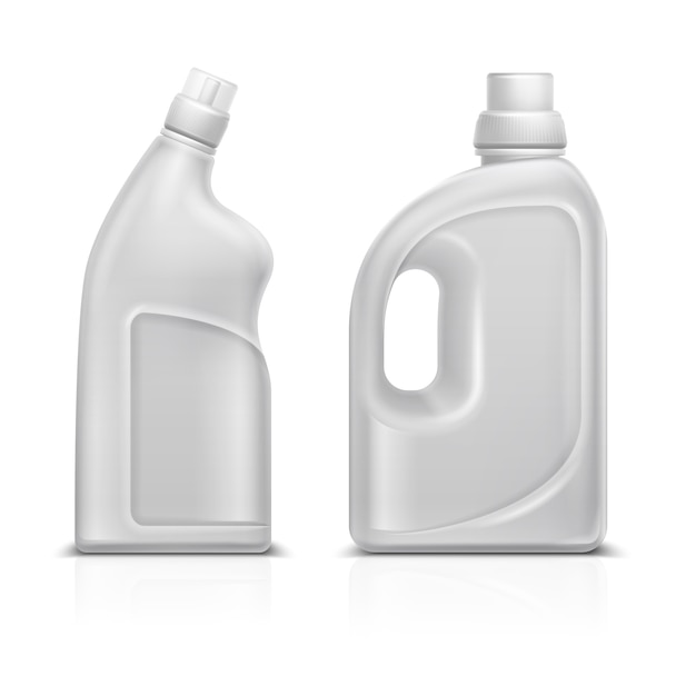 Flacon de plastique blanc 3d de produits chimiques ménagers. illustration vectorielle de toilette antiseptique nettoyant bouteille isolé nettoyant à bouteilles, produit détergent pour le ménage Vecteur Premium