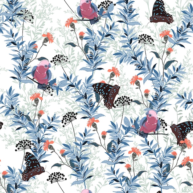 Fleur épanouie Avec Oiseau Et Papillon Vecteur De Motif