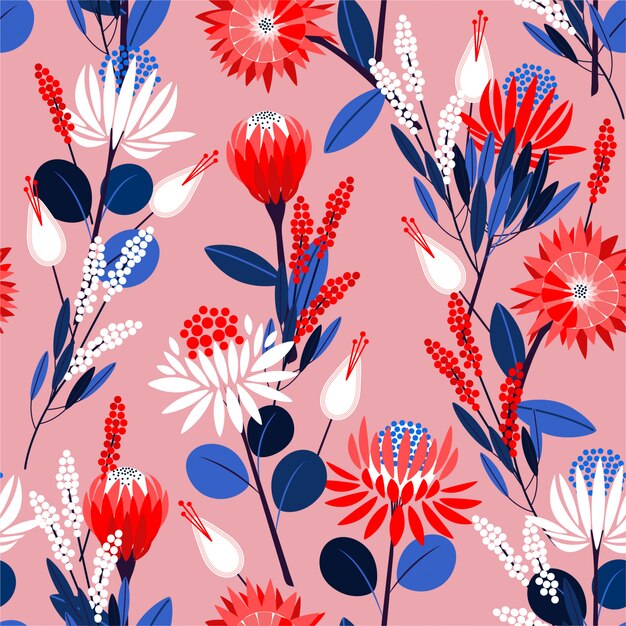 Fleurs de protée en fleurs dans le jardin plein de modèle sans couture de plantes botaniques en dessin vectoriel pour la mode, le papier peint, l'emballage et tous les imprimés Vecteur Premium