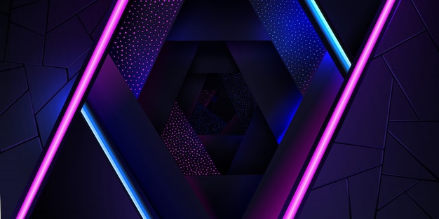 Le fond abstrait néon avec une ligne de lumière bleue et rose et une texture de points. Vecteur Premium