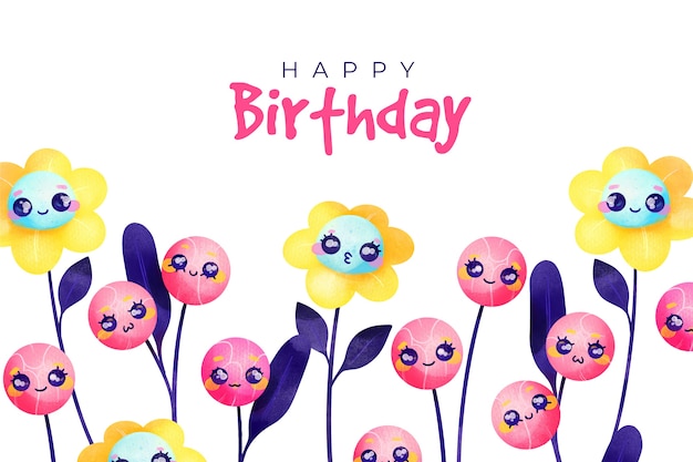 Fond Aquarelle Joyeux Anniversaire Et Fleurs Avec Visages Vecteur Gratuite