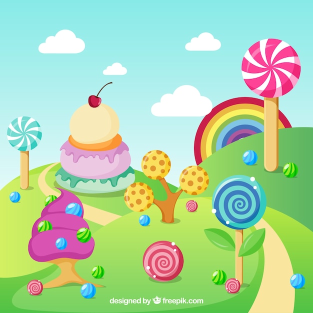 Fond de bonbons délicieux terrain dans un style plat Vecteur gratuit
