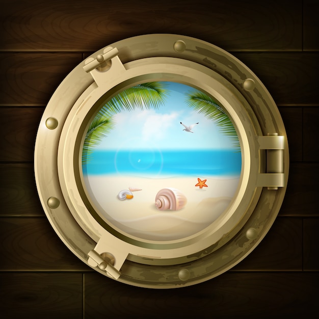 Fond d'été avec des coquillages et une étoile de mer sur la plage dans le hublot du navire sur l'illustration vectorielle de texture bois Vecteur gratuit