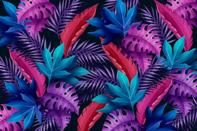 Fond Avec Des Feuilles Tropicales Violettes Et Bleues Vecteur Premium