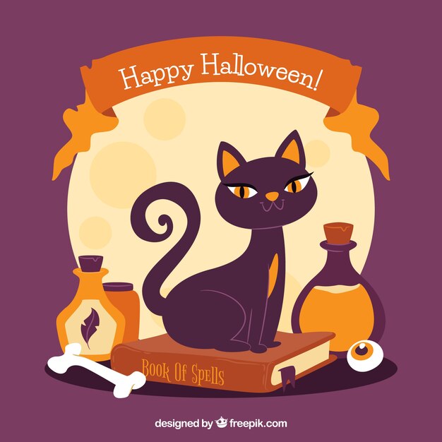 Fond Dhalloween Vintage Avec Chat Noir Et Potions