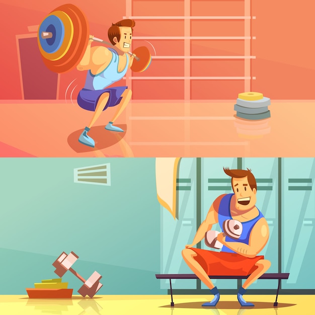 Fond horizontal gym sertie de symboles d'haltérophilie cartoon illustration vectorielle isolé Vecteur Premium