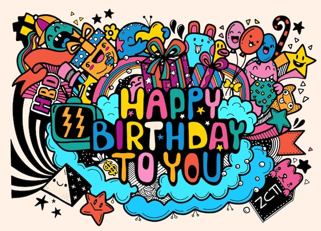 Fond De Joyeux Anniversaire Ensembles D Anniversaire Dessines A La Main Eruptions De Fete Fond De Fete D Anniversaire Doodle Style Mignon Illustration Pour Livre De Coloriage Chacun Sur Un Calque Separe Vecteur