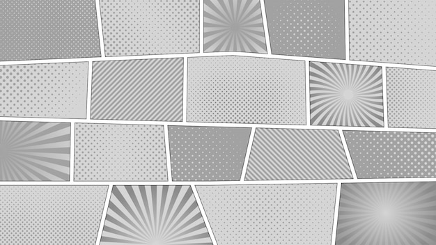 Fond monochrome de bande dessinée. différents panneaux colorés. rayons, lignes, points. Vecteur Premium