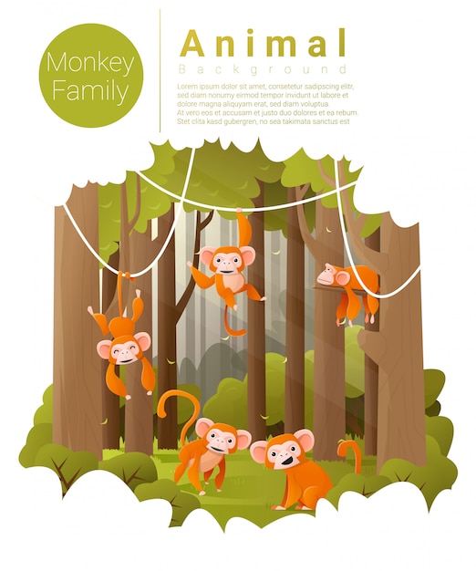 Fond de paysage forestier avec des singes Vecteur Premium