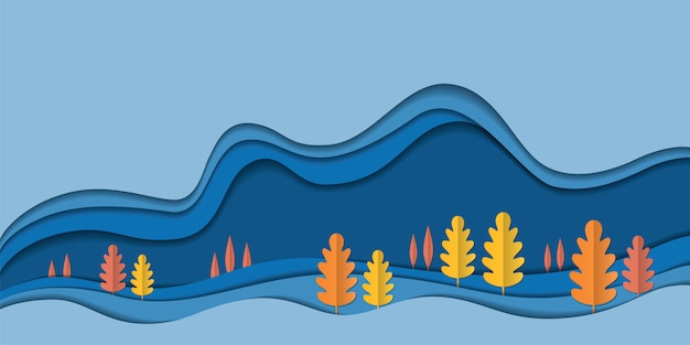Fond de paysage nature automne, feuilles de papier arbre, bannière de vente saison automne, affiche de thanksgiving, papier découpé art, illustration vectorielle. écologie sauver l'idée de conservation de l'environnement forestier Vecteur Premium