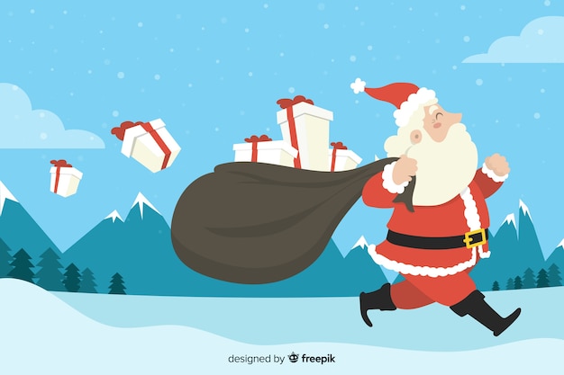 Fond plat de noël avec le père noël portant des cadeaux Vecteur gratuit