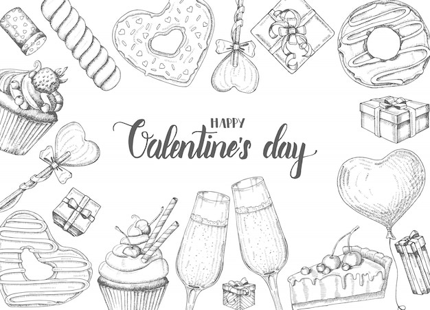 Fond De Saint Valentin Avec Des Objets Dessines A La Main Doodle En Style Croquis Sucette