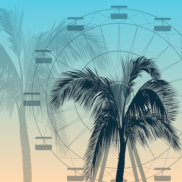 Fond de silhouette de grande roue et palmier Vecteur Premium
