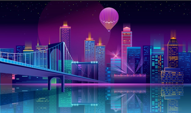 Fond avec la ville de nuit dans les néons Vecteur gratuit