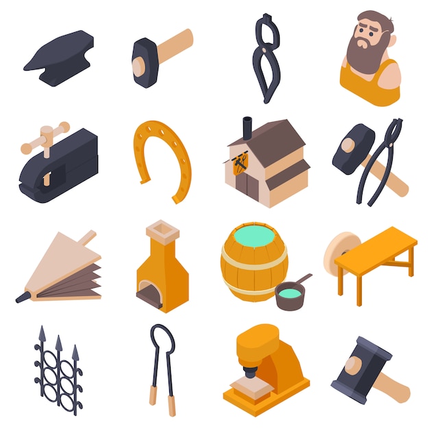 Forgeron outils icônes définies. illustration isométrique de 16 outils outils de forgeron mis icônes vectorielles pour le web Vecteur Premium