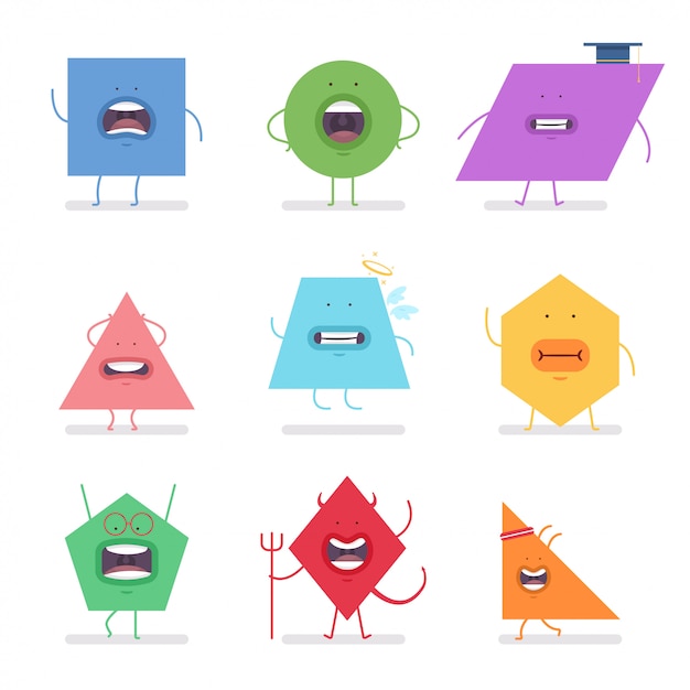 Formes géométriques drôles vector jeu de caractères de dessin animé isolé sur fond blanc. Vecteur Premium