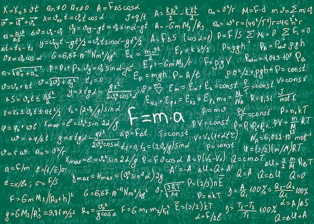 Formules Blanches De Physique Dessinees A La Main Sur Un Tableau Vert Impur Pour Le Fond Vecteur Premium