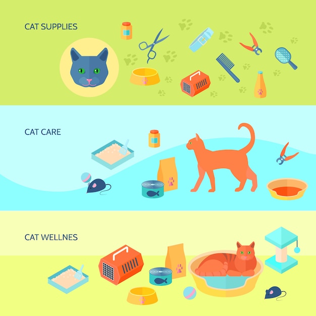 Fournitures de nourriture et de soins pour les chats d'intérieur 3 bannières de plats horizontaux sertie de transporteur abstrait isolé illustration Vecteur gratuit