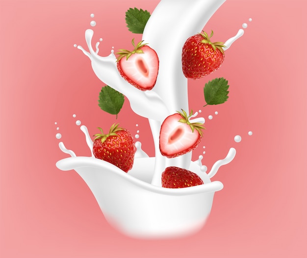 Fraise Realiste Avec Eclaboussures De Lait Yogourt Aux Fraises Fruits D Ete Vecteur Premium