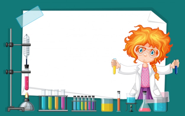 Frame design avec fille travaillant dans un laboratoire scientifique Vecteur gratuit