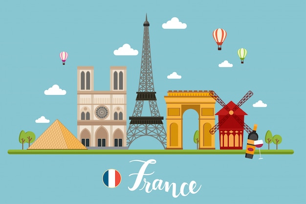 France Voyage Paysages Illustration Vectorielle | Vecteur Premium