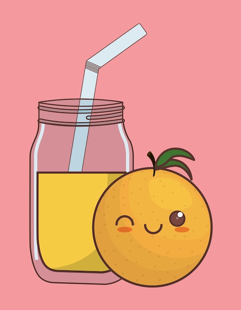 Fruit Orange Kawaii Et Verre De Jus Vecteur Premium