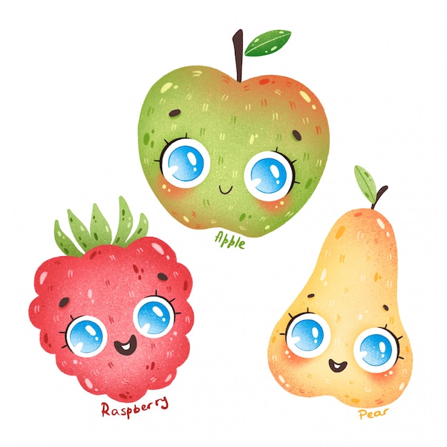 Fruits De Dessin Anime Mignon Avec De Grands Yeux Fixes Dessin Anime Pomme Poire Framboise Avec Des Noms Vecteur Premium