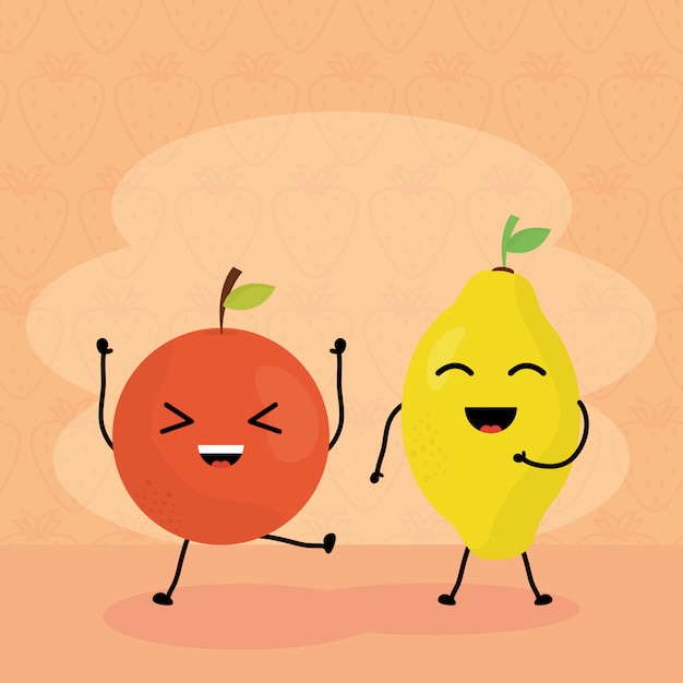 Fruits frais caractères kawaii Vecteur Premium