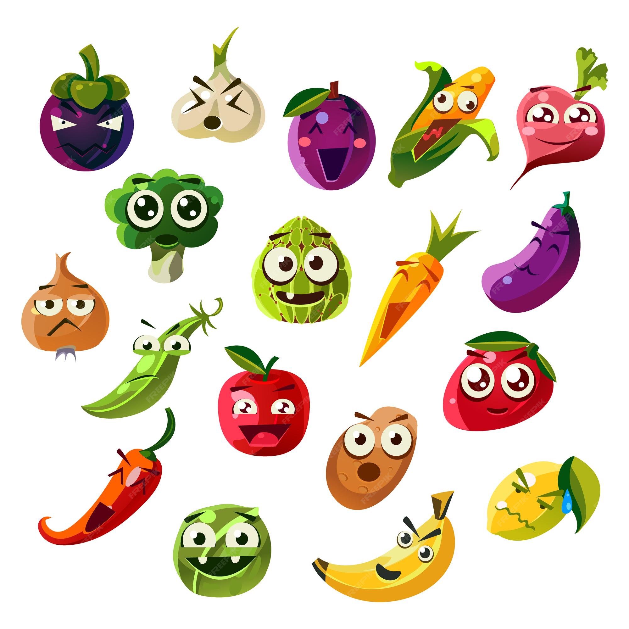 Fruits Et Légumes Emoji Ensemble Dicônes Vectorielles Plates En Style