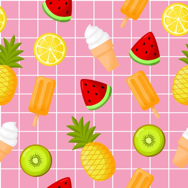 Fruits tropicaux mignons avec motif sans soudure de crème glacée. citron, pastèque, ananas et kiwi. Vecteur Premium
