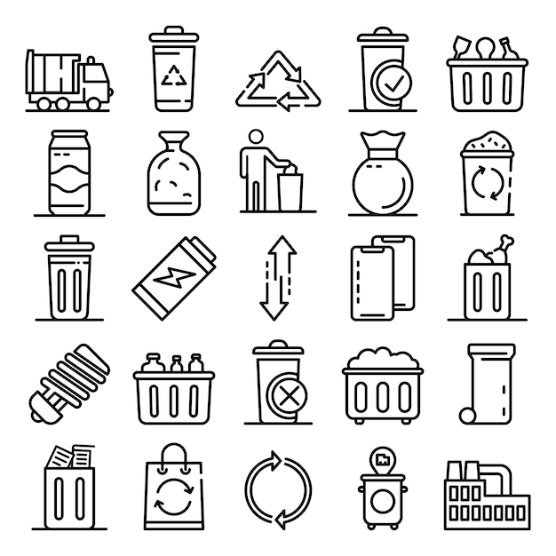 Garbage icons set, style de contour Vecteur Premium