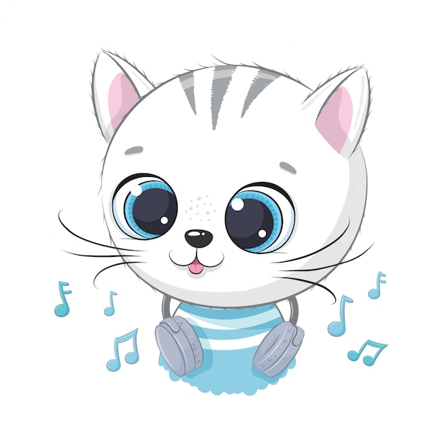 Garcon De Chaton Mignon Dessin Anime Avec Un Casque Ecouter De La Musique Vecteur Premium