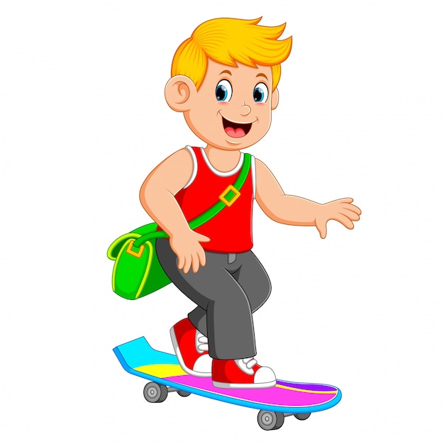 Le garçon cool utilise le sac vert et joue du skate board Vecteur Premium