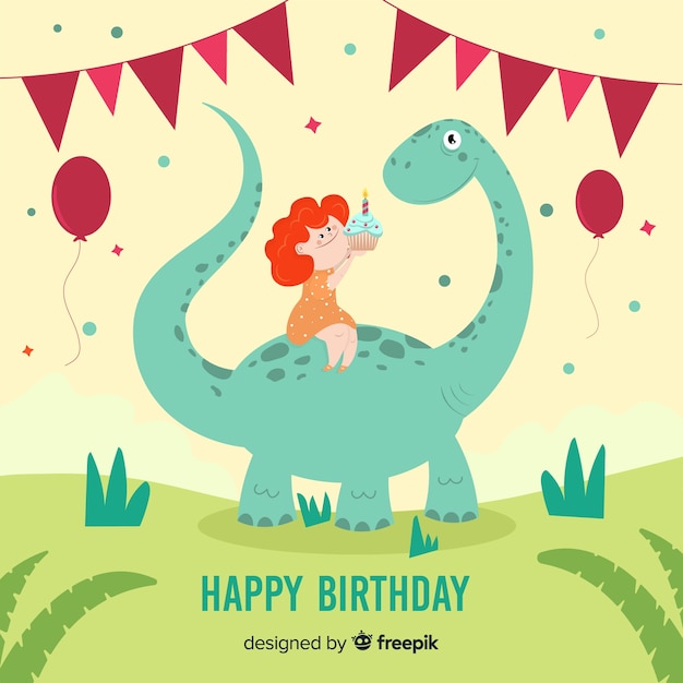 Garcon Dessine A La Main Sur Un Fond D Anniversaire De Dinosaure Vecteur Premium