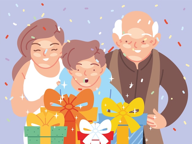 Garcon Avec Des Dessins Animes De Mere Et De Grand Pere Ouvrant Des Cadeaux Joyeux Anniversaire Decoration Fete Illustration Theme Festif Et Surprise Vecteur Premium