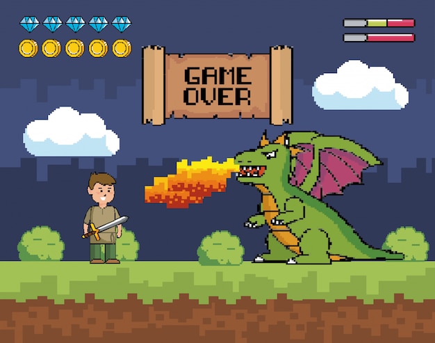 Un garçon avec une épée et un dragon crache le feu avec un message de game over Vecteur gratuit