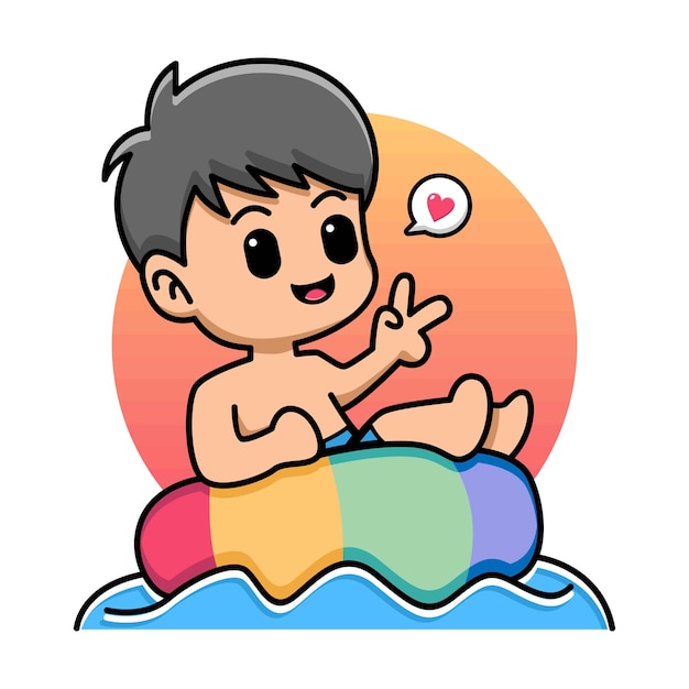 garcon mignon flottant avec illustration de dessin anime pneus natation vecteur premium coloriage islandais