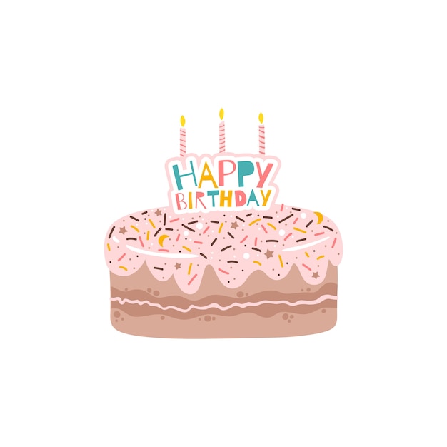 Gateau Arrose Et Glacage Rose Avec Fete D Anniversaire Avec Bougies Et Inscription Illustration Plate Isolee Dans Un Style De Dessin Anime Simple Sur Fond Blanc Vecteur Premium