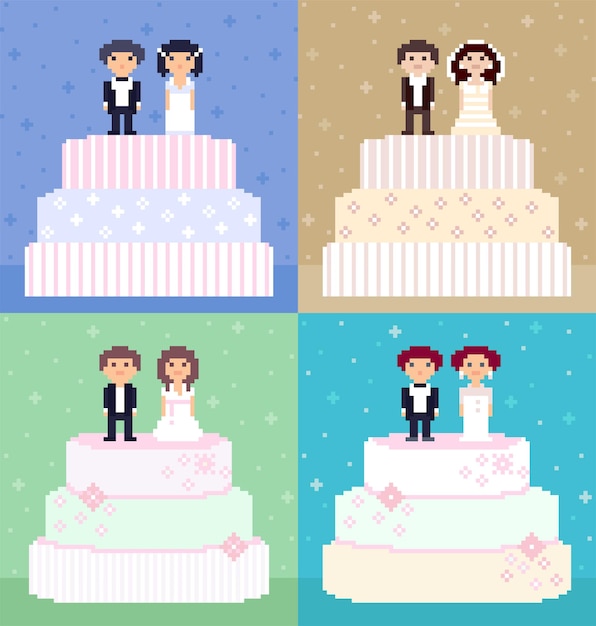 Gateaux De Mariage Pixel Art Avec Des Couples Sur Le Dessus Personnages 8 Bits Mariees Et Maries Vecteur Premium