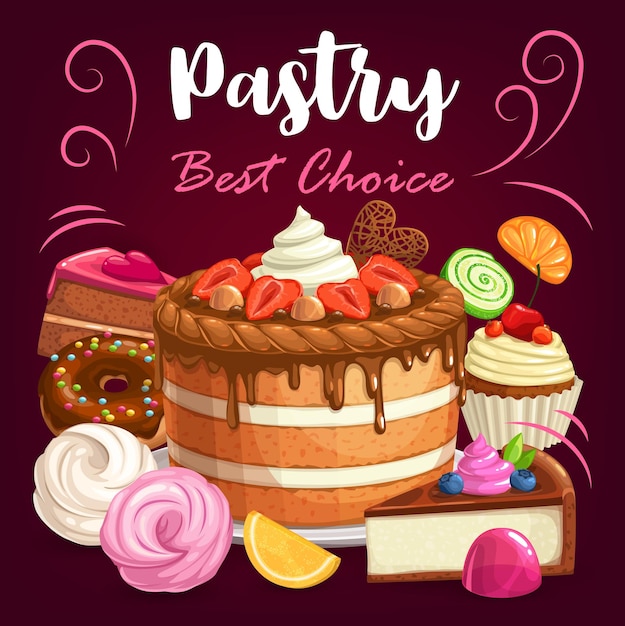 Gateaux De Patisserie Desserts Et Boulangerie Cupcakes Sucres Affiche Carte Des Desserts Patissiers Avec Patisserie Sucree Gateau Au Chocolat Gateau Au Fromage Beignet Avec Muffins Aux Baies Biscuits Souffle Et Marmelade