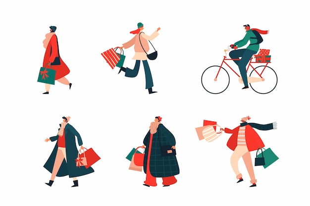 Gens, achat, noël, ensemble cadeau Vecteur gratuit