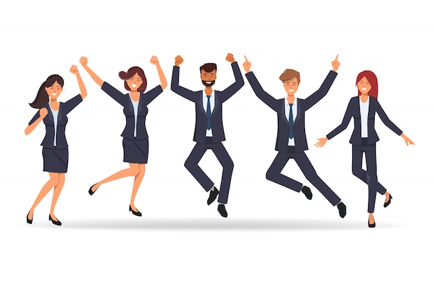 Les gens d'affaires dans le travail d'équipe heureux après le travail réussi. Vecteur Premium
