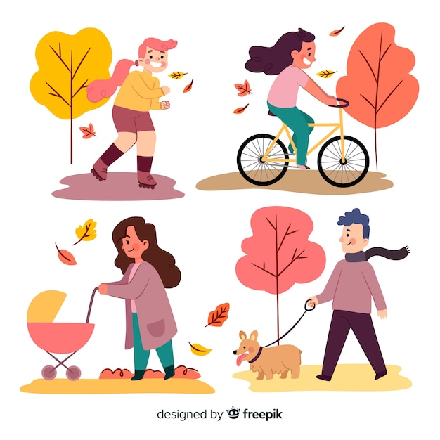 Gens dans le parc en automne Vecteur gratuit