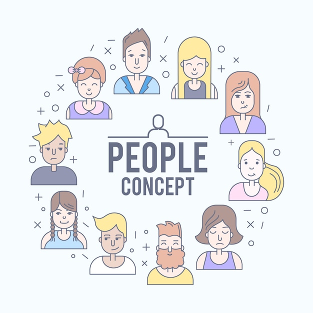 Les gens linéaire plat fait face à illustration. avatar, userpic et profils sur les réseaux sociaux. Vecteur gratuit