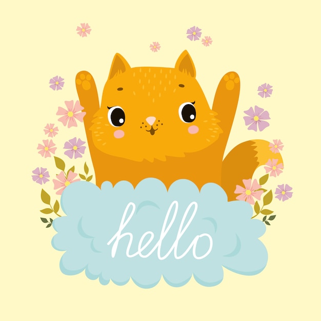 Gingembre chat heureux dans les nuages et les fleurs, bonjour Vecteur gratuit